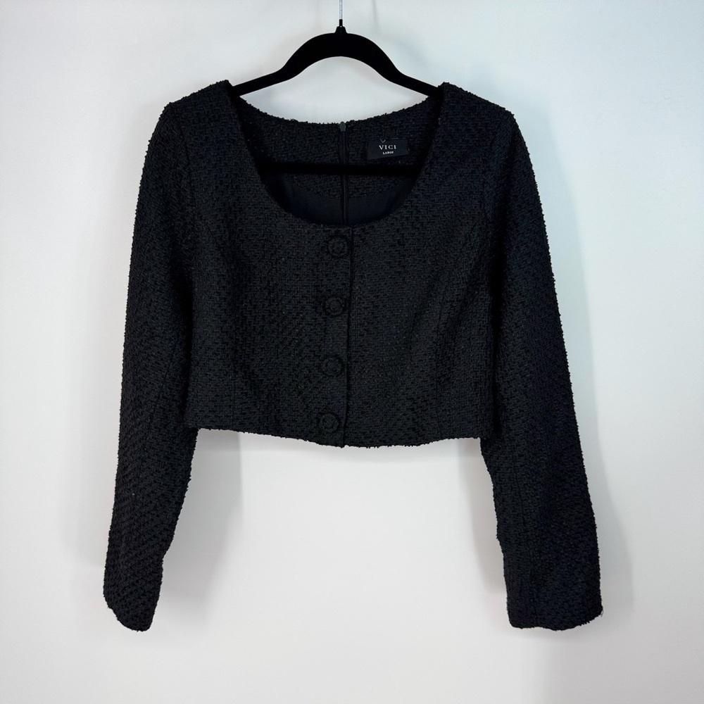 Vici Old Money Classic Tweed Button Cropped Zip Up Blazer
